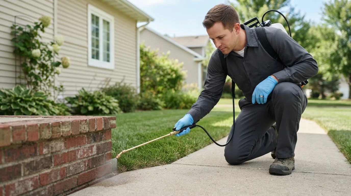 Pest control technician treating a home near Davis, NC